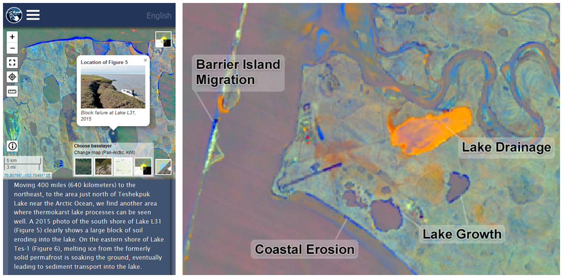 Left: screenshot of the Arctic Landscape EXplorer (ALEX) showing a story map in mobile device mode. Right: subset of the landscape change dataset for the area around Kali (Native Village of Point Lay) with labels explaining types of change